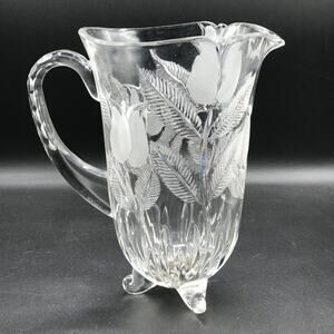 Vintage Fifth Avenue Crystal Pitcher 34 oz Hand Cut Glass Tulip 3 Footed base 9"